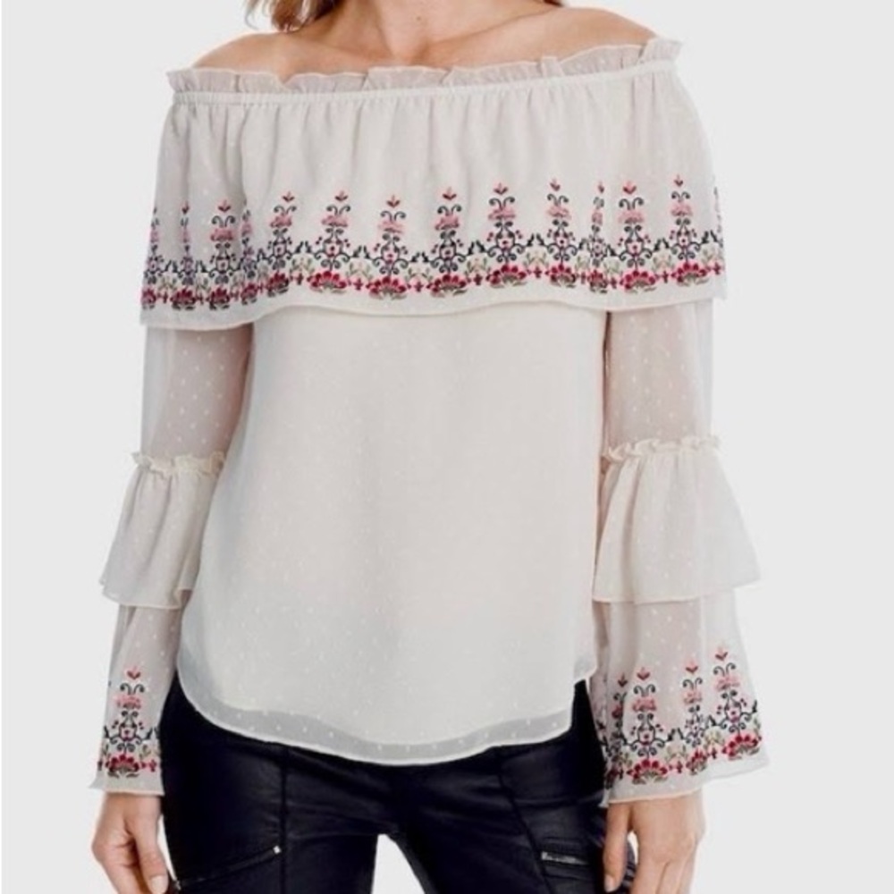 Romantic Embroidered Off Shoulder Blouse Size L EC Ecru White HouseBlack Market